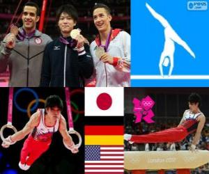 Rompicapo di Podio ginnastica artistica concorso individuale maschile, Kōhei Uchimura (Giappone), Marcel Nguyen (Germania) e Danell Leyva (Stati Uniti) - Londra 2012-