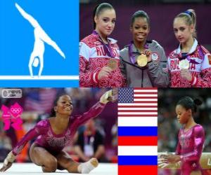 Rompicapo di Podio ginnastica artistica concorso individuale femminile, Gabrielle Douglas (Stati Uniti), Viktoria Komova e Aliya Mustafina (Russia) - Londra 2012-