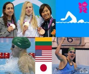 Rompicapo di Podio nuoto 100 m Rana femminili, Rūta Meilutytė (Lituania), Rebecca Soni (Stati Uniti) e Satomi Suzuki (Giappone) - Londra 2012-