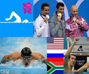 Rompicapo di Podio nuoto 100 m stile farfalla 100 m uomo, Michael Phelps (Stati Uniti), Evgenij Korotyškin (Russia), Chad le Clos (Sud Africa) - Londra 2012-