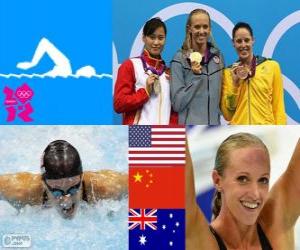 Rompicapo di Podio nuoto 100 metri farfalla femminili, Dana Vollmer (Stati Uniti), Lu Ying (Cina) e Alicia Coutts (Australia) - Londra 2012-