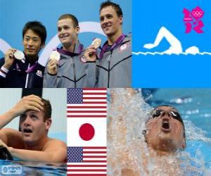 Rompicapo di Podio nuoto 200 metri dorso maschili, Tyler Clary (Stati Uniti), Ryosuke Irie (Giappone) e Ryan Lochte (Stati Uniti) - Londra 2012-