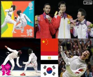 Rompicapo di Podio scherma fioretto individuale maschile, Lei Sheng (Cina), Abuelkasem Alaaeldi (Egitto) e Choi Byung-Chul (Corea del sud) - Londra 2012-