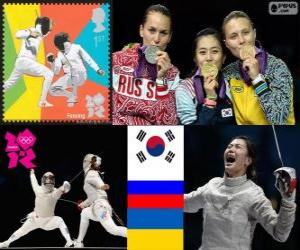 Rompicapo di Podio scherma sciabola individuale femminile, Kim Ji-Yeon (Corea del sud), Sofia Velikaja (Russia) e Olga Jarlan (Ucraina) - Londra 2012-