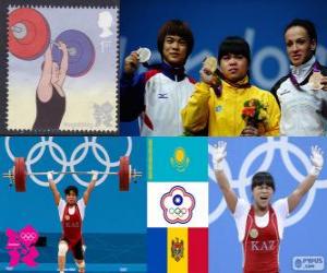 Rompicapo di Podio sollevamento pesi 53 kg femminile, Zulfia Chinshanlo (Kazakistan), Hsu Shu-Ching (Taipei cinese) e Cristina Iovu e Cristina Iovu (Moldavia) - Londra 2012-