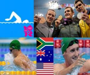 Rompicapo di Podium nuoto 100 m rana maschili, Cameron van der Burgh (Sud Africa), Christian Sprenger (Australia) e Brendan Hansen (Stati Uniti) - Londra 2012 - stile