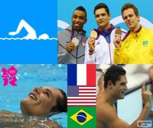 Rompicapo di Podium nuoto 50 m stile libero maschili, Florent Manaudou (Francia), Cullen Jones (Stati Uniti) e César Cielo (Brasile) - Londra 2012-