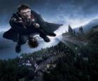 Harry Potter battenti con la sua scopa magica