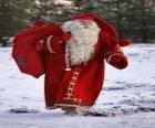 Babbo Natale porta la grande sacco di regali di Natale nel bosco