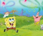 SpongeBob e Patrick Stella cercando di recuperare meduse in Bikini Bottom
