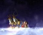 Santa Claus che vola sul suo slitta di Natale trainata da renne magiche