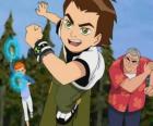 Ben 10 con il orologio alieno Omnitrix sul suo polso vicino alla sua cugina Gwen ed al loro nonno max