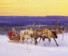 Natale in slitta trainata da renne e carichi di doni e di Babbo Natale