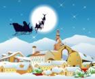 Santa Claus nella sua slitta volante trainata da renne magiche