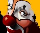Dettaglio del volto di un clown con un naso rosso