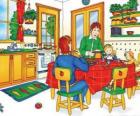 Caillou e la sua famiglia a mangiare in cucina