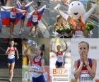 Olga Kaniskina campione di 20 km a piedi, Anisia Kirdiapkina e Vera Sokolova (2 ° e 3 °) di atletica leggera Campionati europei di Barcellona 2010