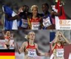 Verena Sailer campione di 100 metri, Véronique Mang e Myriam Soumaré (2 ° e 3 °) di atletica leggera Campionati europei di Barcellona 2010