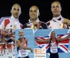 Campione Andy Turner 110m ostacoli, Garfield Darien e Daniel Kiss (2 ° e 3 °) del Consiglio europeo di Barcellona Athletics Championships 2010