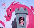 Principessa nel suo castello sorvegliato da una grande drago