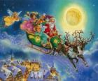 Babbo Natale in slitta volare sopra le case durante la notte di Natale