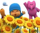 Pocoyo ei suoi amici in un campo di girasoli