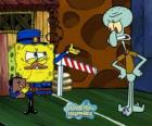 SpongeBob vestito come un poliziotto chiede un pass per Squiddi Tentacolo