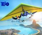 Blu ara, tucano Rafael Jewel e un deltaplano volare sopra la città di Rio de Janeiro