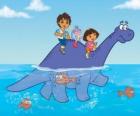 Dora, suo cugino Diego, la scimmia Boots attraversare un lago sulla cima di un dinosauro