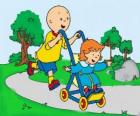 Caillou che fare una passeggiata con la sorella più piccola nel passeggino