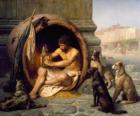 Il filosofo greco Diogene di Sinope, nel suo barile, per le strade di Atene