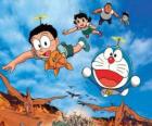Il gatto Doraemon con i suoi amici Nobita, Shizuka, Suneo e Takeshi