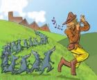 Il Pifferaio di Hamelin suona il flauto seguita da ratti