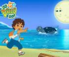 Diego sulla spiaggia e una tartaruga marina in acqua
