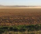 Paesaggio rurale con un campo arato in primo piano