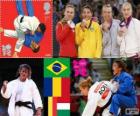 Podio Judo femminile - 48 kg, Sarah Menezes (Brasile), Alina Dumitru (Romania), Charline Van taglietto (Belgio) ed Eva Csernoviczki (Ungheria) - Londra 2012 -