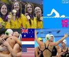 Podium nuoto femminile staffetta 4 x 100 metri stile libero, Australia, Stati Uniti e Paesi Bassi - Londra 2012-