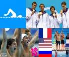 Podium nuoto maschio libero di 4 X 100 m, Francia, Stati Uniti e Russia - Londra 2012-