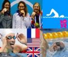 Podium nuoto 400 m donne libere, Camille Muffat (Francia), Allison Schmitt (Stati Uniti) e Rebecca Adlington (Regno Unito) - Londra 2012 -