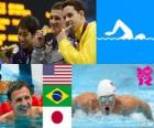 Podio nuoto 400 m misti maschile, Ryan Lochte (Stati Uniti), Thiago Pereira (Brasile) e Kosuke Hagino (Giappone) - Londra 2012-