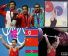 Podio pesi 56 kg uomini, Om Yun-Chol (Corea del Nord), Wu Jingbao (Cina) e Valentin Hristov (Azerbaigian) - Londra 2012-