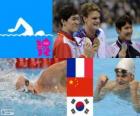 Podio nuoto 200 metri stile libero maschili, Yannick Agnel (Francia), Sun Yang (Cina) e Park Tae-Hwan (Corea del sud) - Londra 2012 - podio
