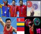 Podio Sollevamento pesi 62 kg maschile, ONU-Guk di Kim (Corea del Nord), Oscar Figueroa (Colombia) ed Eko Yuli Irawan (Indonesia) - Londra 2012-