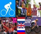 Podio ciclismo corsa in linea femminile, Marianne Vos (Olanda) Elizabeth Armitstead (Regno Unito) e Olga Zabelinskaya (Russia) - Londra 2012-