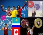 Podio sollevamento pesi 63 kg donne, Giorgio Maneza (Kazakistan), Svetlana Tsarukayeva (Russia) e Christine Girard (Canada) - Londra 2012-