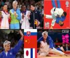 Podio judo femmina - 63 kg, Urška Žolnir (Slovenia), Xu Lili (Cina) ed Gevrise Emane (Francia), Yoshie Ueno (Giappone) - Londra 2012-