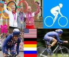 Podio ciclismo cronometro Donne, Kristin Armstrong (Stati Uniti), Judith Arndt (Germania) e Olga Zabelinskaya (Russia) - Londra 2012-