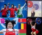 Podio sollevamento pesi 63 kg donne, Rim Jong-Sim (Corea del Nord), Roxana Cocoş (Romania) e Maryna Shkermankova (Bilorrusia) - Londra 2012-