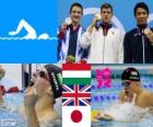 Podium nuoto 200 m rana maschili, Daniel Gyurta (Ungheria), di nuoto Michael Jamieson (Regno Unito) e Ryo Tateishi (Giappone) - Londra 2012-