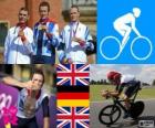 Podio ciclismo cronometro uomini, Bradley Wiggins (Regno Unito), Tony Martin (Germania) e Christopher Froome (Regno Unito) - Londra 2012-